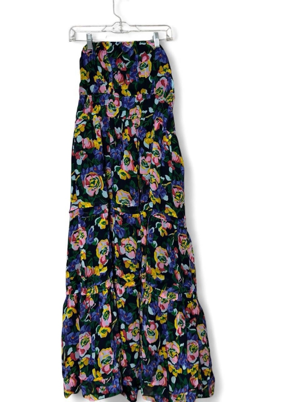 Anthropologie Black Floral Tiered Maxi Skirt with Pink, Yellow & Blue Blooms